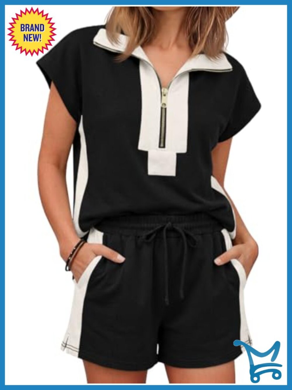2 Piece Matching Sets Women Half Zip V Neck Cap Sleeve Lounge Sets Color Block